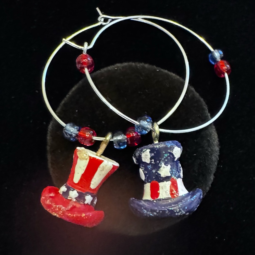 Patriotic Hand Crafted 4th of July Top Hat Hoop Earrings